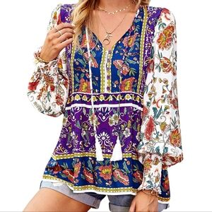 New Boho Tunic Top Bohemian Hippie Gypsey Top Colorful Loose Fit Top Size M